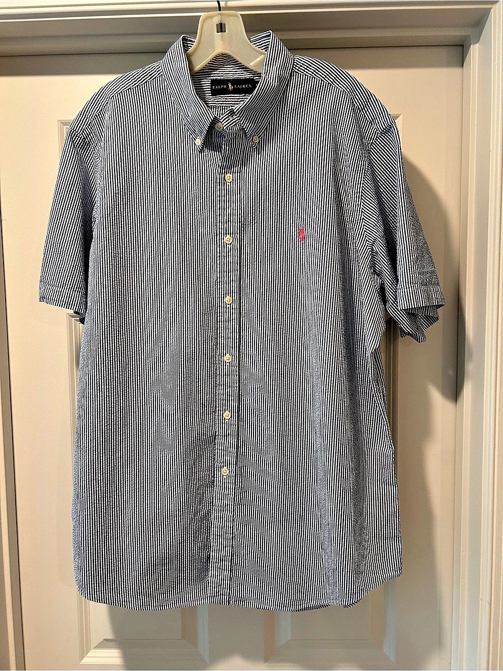 Ralph Lauren Short Sleeve Seersucker Button-Down Shirt Blue & White XL